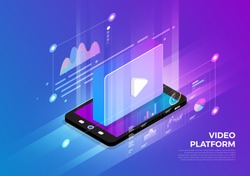 Isometric illustrations design concept mobile technology solution on top with video platform. Gradient background and digital graph chart thin line. Vector illustrate.