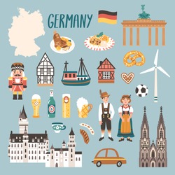 Vector icon set of Germany's symbols. Travel illustration with german landmarks, people, food, beer and symbols.