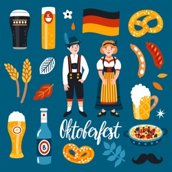 Vector set of Oktoberfest icons: german beer, pretzel, sausage, man and woman in traditional bavarian costumes. Cute sticker collection for folk festival in Germany. Munich symbols. Food and drinks.