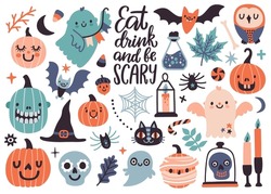 Vector set with handwritten text 'Eat, drink and be scary' and cute Halloween icons: ghosts, bat, pumpkins, Halloween candles. Doodle collection with holiday decorations. Funny Halloween greeting card