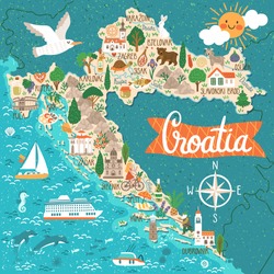 Vector stylized map of Croatia. Travel illustration with croatian landmarks, people, food and plants.