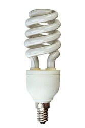 Energy saving fluorescent lamps at a white bakery isolated on white background. The lamp is dusty and burnt out. File contains clipping path.