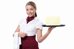 A young waitress with a tray on a white background