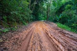 road wet muddy of backcountry countryside in rainy day.