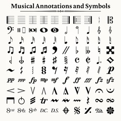 Elements of musical symbols, icons and annotations.