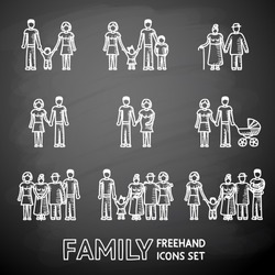 Multigenerational family freehand on a chalk board icons set with all ages family members. Vector