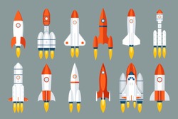 Space rocket start up launch symbol innovation development technology flat icons design set template vector illustration