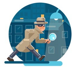 Spy magnifying glass mask detective cartoon character walk night city street background flat design vector illustration
