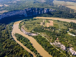 Aerial view of Iskar river, passing near village of Karlukovo, Balkan Mountains, Bulgaria