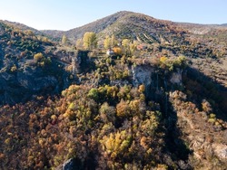 Aerial Autumn view of Polska Skakavitsa waterfall at Zemen Mountain, Kyustendil Region, Bulgaria
