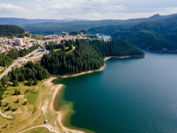 Aerial Summer view of Dospat Reservoir, Smolyan Region, Bulgaria