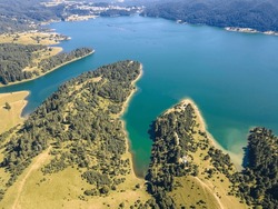 Aerial Summer view of Dospat Reservoir, Smolyan Region, Bulgaria