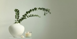 Eucalyptus lef branch in white bowl and burning candle on gray interior. Selective soft focus. Minimalist still life. Light and shadow nature horizontal long background.