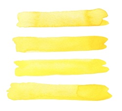 Abstract watercolor and acrylic line brushstroke smear painting blot. Yellow Color design element. Texture paper. Isolated on white background. 