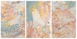 Art acrylic and watercolor smear blot painting. Interior abstract triptych wall. Beige, brown and gold color canvas texture horizontal background.