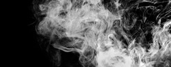 Abstract White smoke blot on black horizontal long background.