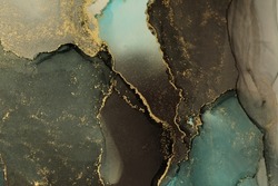 Art Abstract alcohol ink and watercolor painting blots horizontal background. Alcohol ink brown, blue and gold colors. Marble texture.