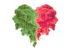 Abstract Smoke redn and green colors bang splash on white backgrownd. Ink blot. Broken heart concept.