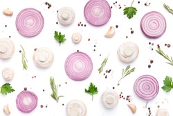 Creative food minimalism. Fresh champignon mushrooms with parsley, peppercorns and purple onion slices on white background, top view