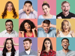 Collage of male and female emotional portraits. Young diverse people grimacing and gesturing at colorful studio backgrounds