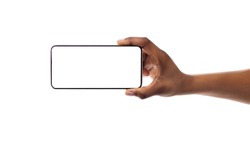 Mockup Image Of Smartphone With Blank Screen In Black Girl's Hand Isolated On White. Panorama, Copy Space