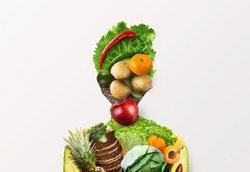 Choose healthy food for your organism. Woman of fresh vegetables, fruits and whole grain products on white background