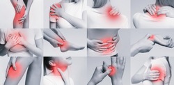 Medicine and healthcare. Young woman feeling pain in various body parts, collage