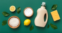 Eco friendly home cleaning, homemade recipe. Soap, soda, lemon, salt. Healthy Lifestyle. zero waste detergent on green background, panorama
