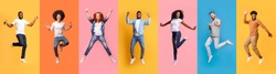 Collage of excited jumping multinational people in air on color background, panorama