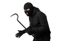 Cat Burglar Concept. Portrait of sneaky masked criminal holding crowbar, copy space, isolated over white studio wall