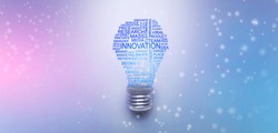 Creative design of business innovation wordcloud created in light bulb shape, motivational wording over abstract background, panorama