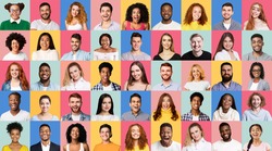 Collage Of Positive Millennial People Portraits On Colorful Studio Backgrounds. Set Of Happy Faces. Panorama