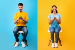 People Lifestyle Concept. Casual woman and man sitting on chairs and using their smart phones