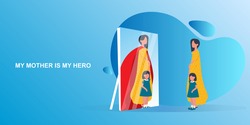Mother Is My Hero. Daughter Seeing Mom's Reflection As Superhero In Mirror Standing With Her On Blue Background. Panorama. Vector