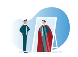 Businessman Looking At Reflection In Mirror And Seeing Super Hero Standing On White Background. Leadership, Ambition And Self-Confidence. Vector Illustration