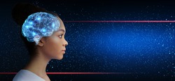 Light up your mind. Intelligent asian girl with illuminated brain looking at free space over galaxy background, panorama, collage