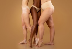 Every Body Is Beautiful. Tree women with different race and body sizes posing in underwear over beige background, cropped image with free space
