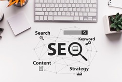Seo Strategy. Seo-Optimization Scheme With Words Over White Office Desk Background With Computer Keyboard. Search Engine Optimization For Internet Content. Collage, Top View