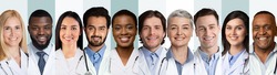 Collage Of Multiethnic Doctors And Medical Workers Portraits On White And Blue Backgrounds, Wearing Uniform. Happy Diverse Physicians And Nurses Headshots Collection. Panorama
