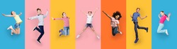 Happy Multiracial Children Jumping Posing On Different Colored Backgrounds. Row Collage With Carefree Kids, Cheerful Boys And Girls Jump In Studio. Joyful Childhood And Fashion Concept. Panorama