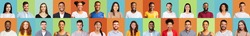Portraits Collage With Happy People Faces Of Different Race And Age Smiling On Colored Studio Backgrounds. Set Of Multiethnic Millennials Headshot Images, Diversity Concept. Panorama