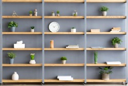 Parlor, office and simple home interior. Shelves with plants in pots, accessories, decor elements and clock on gray wall background in contemporary interior at flat, flat lay, copy space, nobody