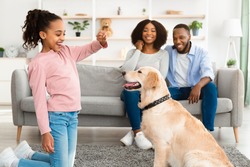 Encouragement Concept. Portrait of smiling African American girl playing with dog, feeding golden retriever with treats, training pet at home in living room, parents sitting on sofa, selective focus