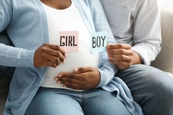 Gender reveal concept. Unrecognizable black expecting family holding pink and blue color card for baby boy or girl, closeup. African american pregnant family guessing baby gender, home inetrior