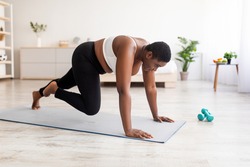 Effective bodyweight exercises. Curvy black woman making strength workout, running with her hands on floor at home. Plus size young lady training her body, leading active lifestyle