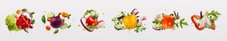Web-banner for culinary blog. Six isolated sets of various vegetables, greens and spices as ingredients for healthy meals, collection of recipes for diet over white background, panorama
