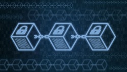 Blocks with locks on dark blue background. Future innovation, blockchain technology, token money. Data protection, security crypto digital, efficiency, smart contract, illustration, panorama, collage
