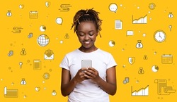 Happy black woman using smartphone on orange studio background, collage with different financial pictograms. Banner design. Mobile payments, online finance education, money investments and planning