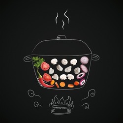 Healthy Recipe Concept. Creative collage sketch of food being prepared on drawn pot and stove on black background. Cooking vegetarian stew with sliced tomato, carrot, onion, pepper and mushrooms