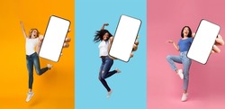 Happy glad excited international ladies jumping, fun, dancing and show phone with blank screen, isolated on colored background, panorama, collage. Positive emotions, great offer, new app and website